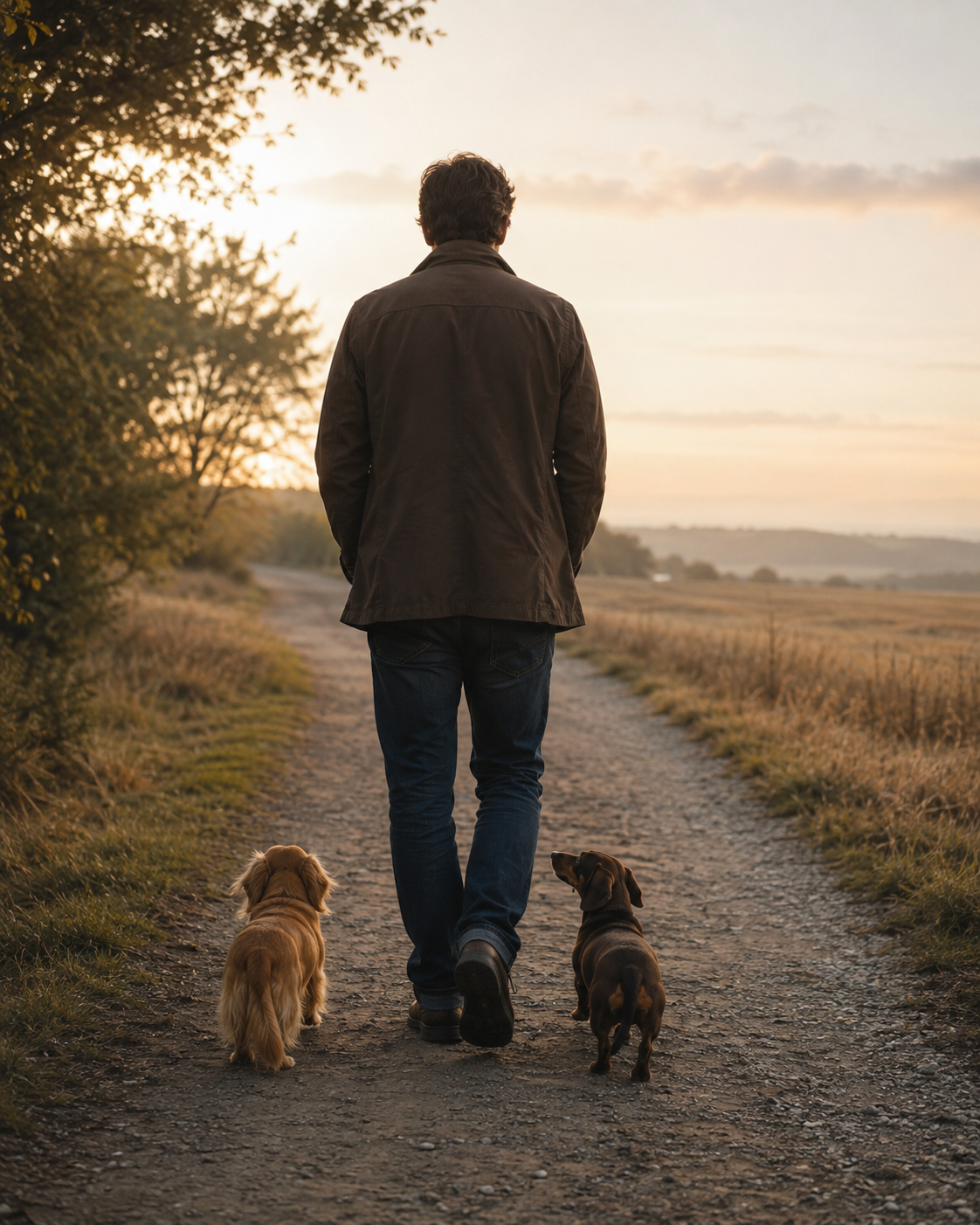 Me, Rudy and Karli walking home along a country path at sunset